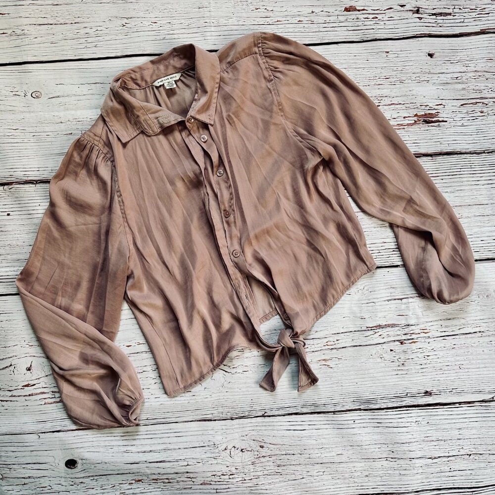 AE Silky Tie Front Button Up Shirt XXS